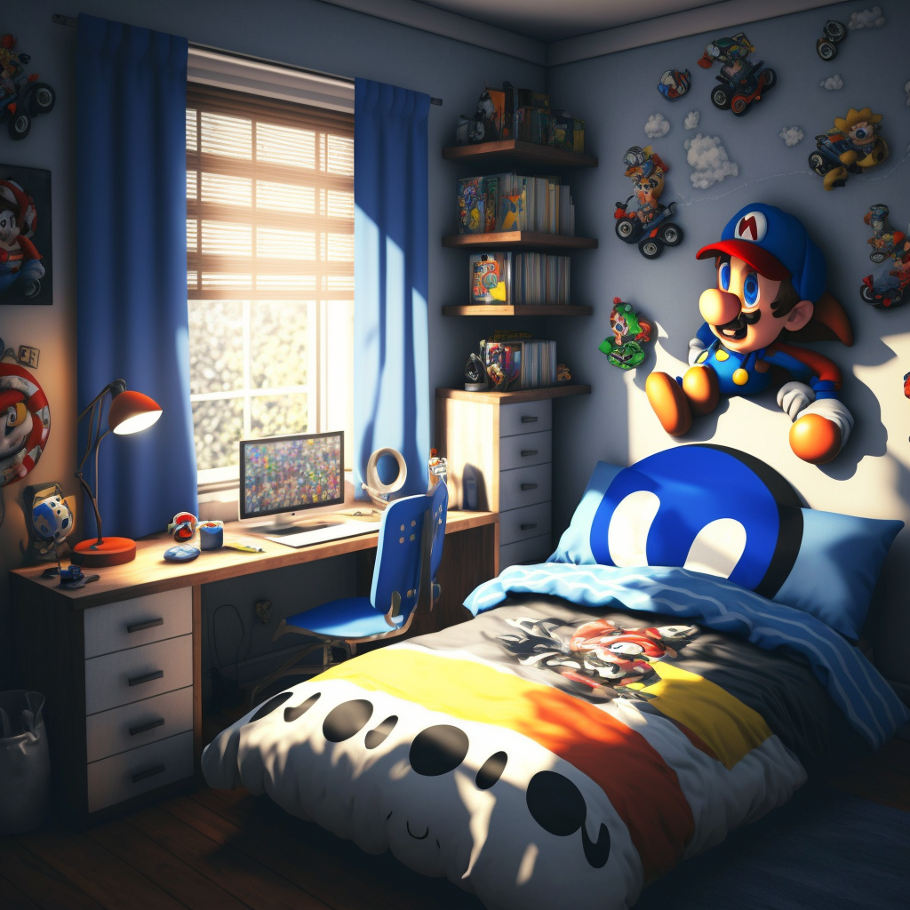 a generated image of a child's room with video game characters as decorations