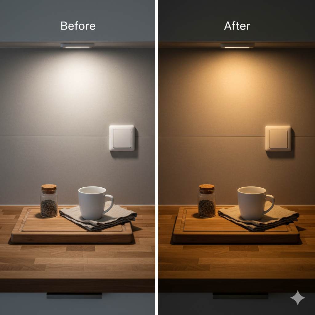 A Hygge Kitchen on a Budget: 11 Small Swaps with Big Comfort 5 Side-by-side kitchen lighting comparison showing cool ‘before’ bulbs versus warm 2700K dimmed ‘after’ bulbs at evening brightness