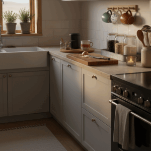 A Hygge Kitchen on a Budget: 11 Small Swaps with Big Comfort 1 Warm evening kitchen with soft under-cabinet light, runner, mug rail, open jars, tea tray, wooden board, linens, herbs, and utensil crock—calm, cozy, and lived-in.