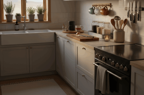 A Hygge Kitchen on a Budget: 11 Small Swaps with Big Comfort 4 Warm evening kitchen with soft under-cabinet light, runner, mug rail, open jars, tea tray, wooden board, linens, herbs, and utensil crock—calm, cozy, and lived-in.