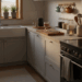 Warm evening kitchen with soft under-cabinet light, runner, mug rail, open jars, tea tray, wooden board, linens, herbs, and utensil crock—calm, cozy, and lived-in.