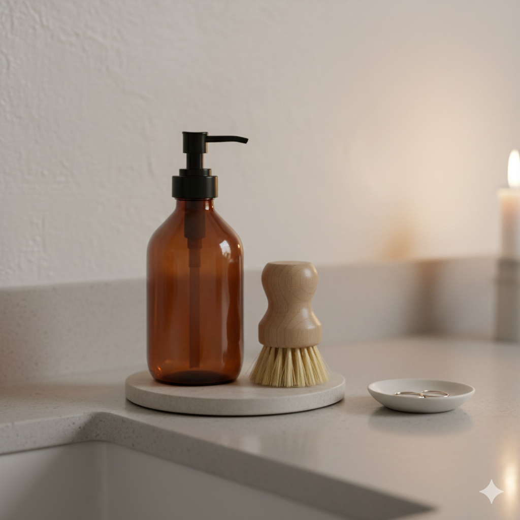 A Hygge Kitchen on a Budget: 11 Small Swaps with Big Comfort 9 Amber or ceramic soap pump and natural dish brush on a small tile, with candle bokeh—simple, hygge sink-side station.