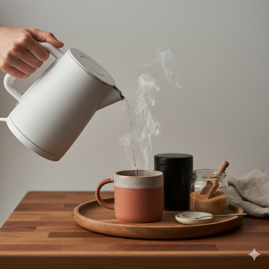 A Hygge Kitchen on a Budget: 11 Small Swaps with Big Comfort 11 Wooden tray beverage corner with tea tin, sugar jar, spoon rest, and a single mug as a kettle pours—gentle steam in warm evening light