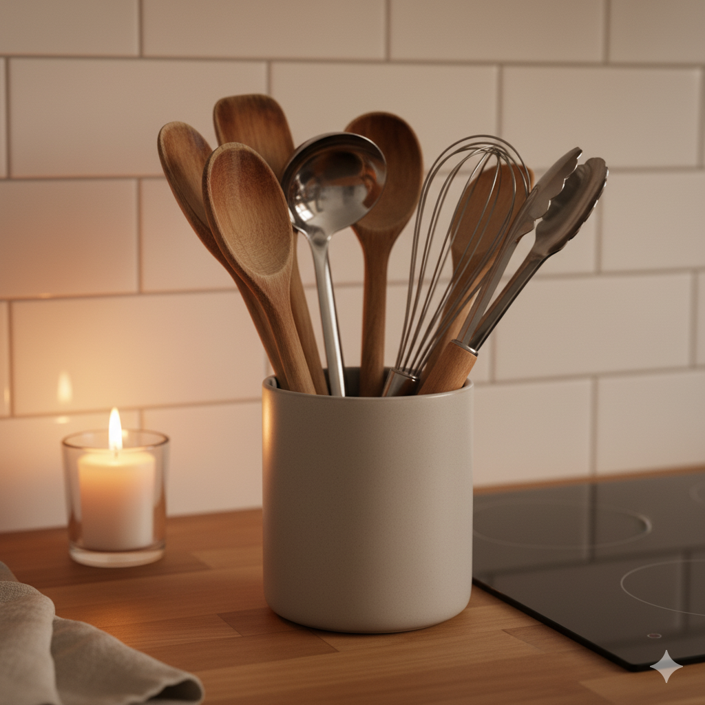 A Hygge Kitchen on a Budget: 11 Small Swaps with Big Comfort 12 Ceramic utensil crock beside the stove holding wooden and steel tools, with a soft candle glow in the background—calm, ready, and cozy.