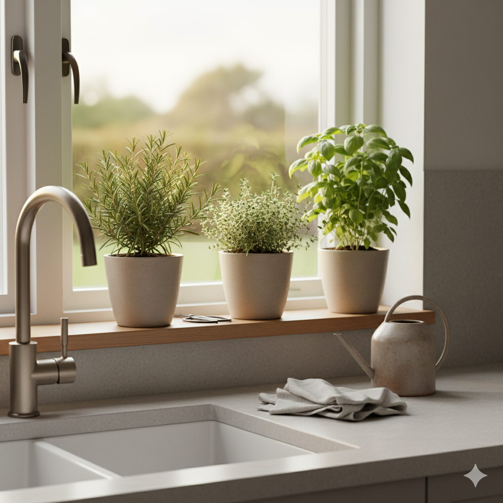 A Hygge Kitchen on a Budget: 11 Small Swaps with Big Comfort 10 Backlit windowsill herbs by a kitchen sink—basil, thyme, and rosemary glowing in warm light, calm and inviting.
