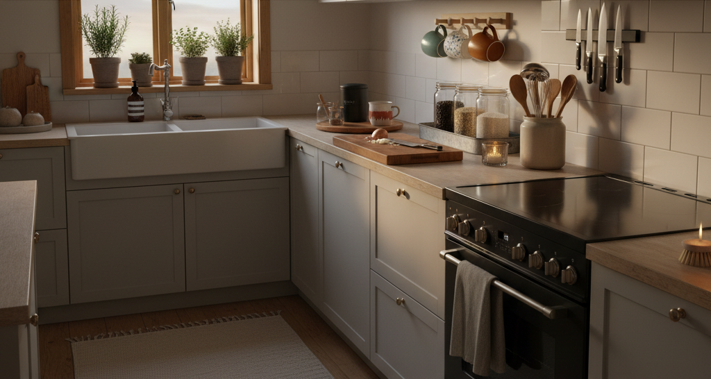 A Hygge Kitchen on a Budget: 11 Small Swaps with Big Comfort 1 Warm evening kitchen with soft under-cabinet light, runner, mug rail, open jars, tea tray, wooden board, linens, herbs, and utensil crock—calm, cozy, and lived-in.