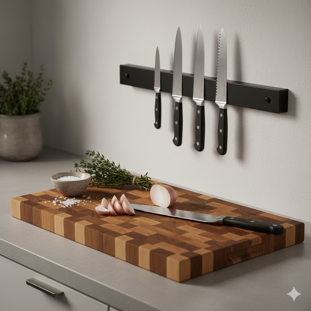 A Hygge Kitchen on a Budget: 11 Small Swaps with Big Comfort 7 End-grain cutting board and magnetic knife strip with essential knives, warm side-light, and onions mid-chop—ready, cozy cooking station.
