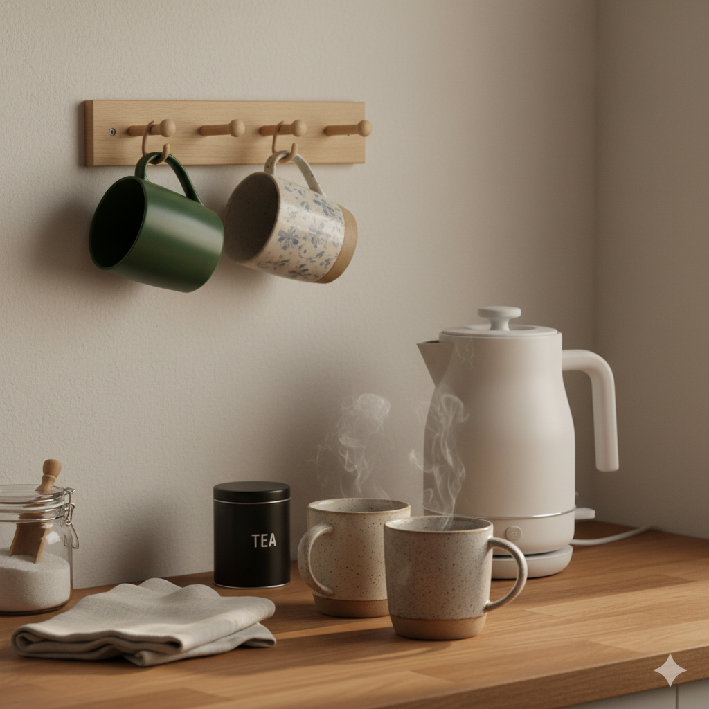 A Hygge Kitchen on a Budget: 11 Small Swaps with Big Comfort 6 Mug rail with mismatched ceramic mugs above a warm kettle; two steaming mugs invite a cozy tea or coffee break.