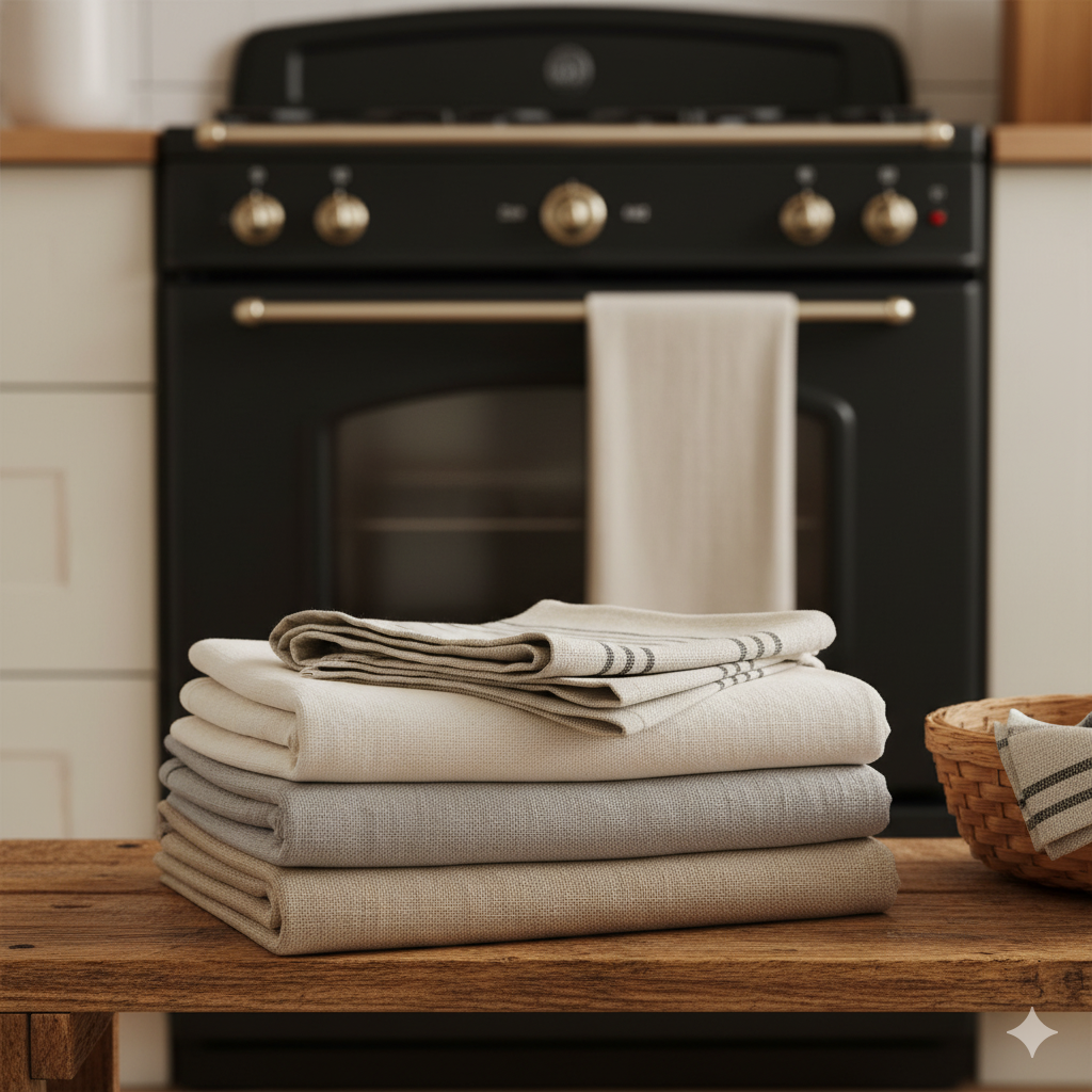 A Hygge Kitchen on a Budget: 11 Small Swaps with Big Comfort 8 Neat stack of neutral linen and cotton kitchen towels—one striped accent—resting on warm wood grain with a spare towel folded over the oven rail.