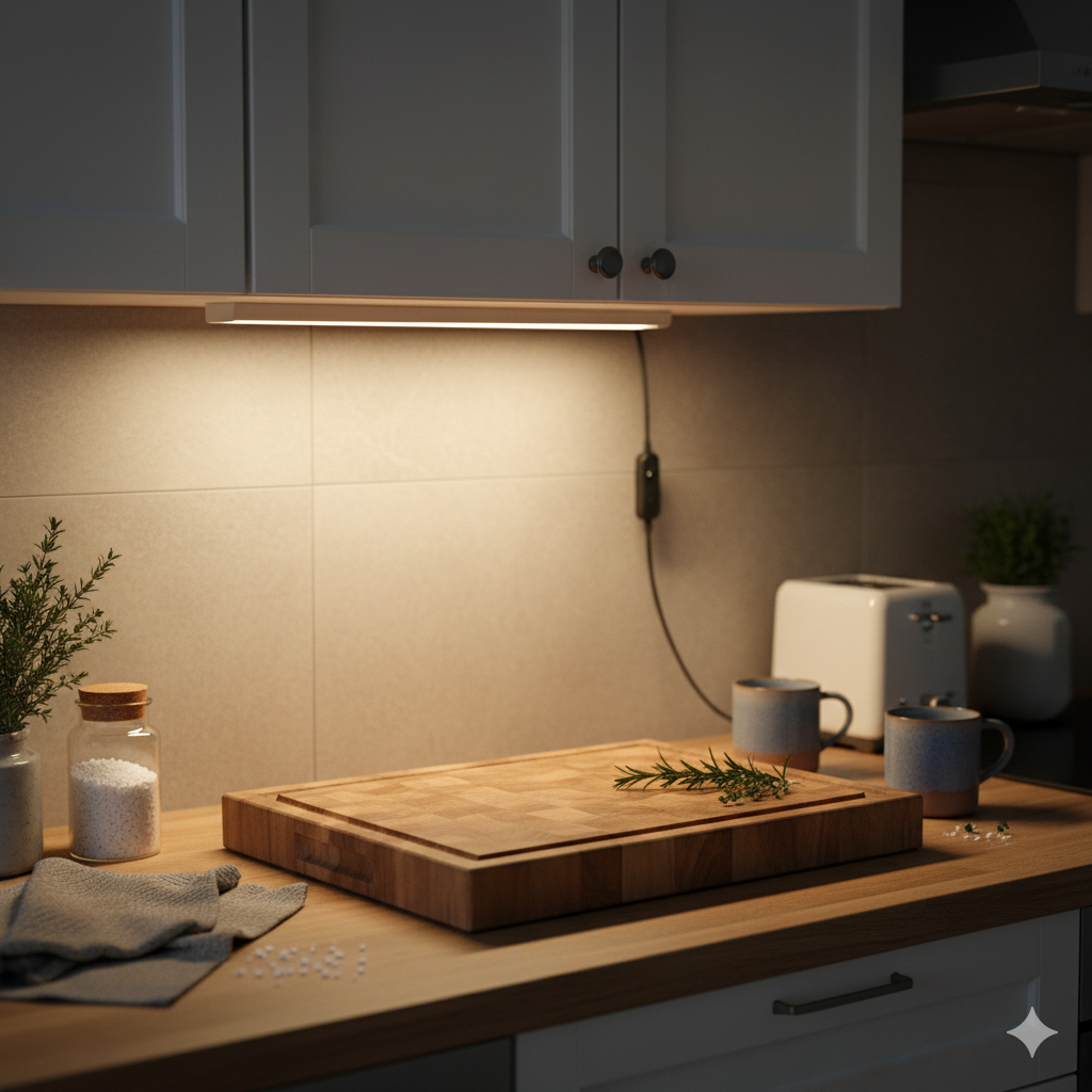 A Hygge Kitchen on a Budget: 11 Small Swaps with Big Comfort 4 Warm under-cabinet LED task lighting (2700K) casting a soft pool of light on a wooden cutting board in a cozy evening kitchen.